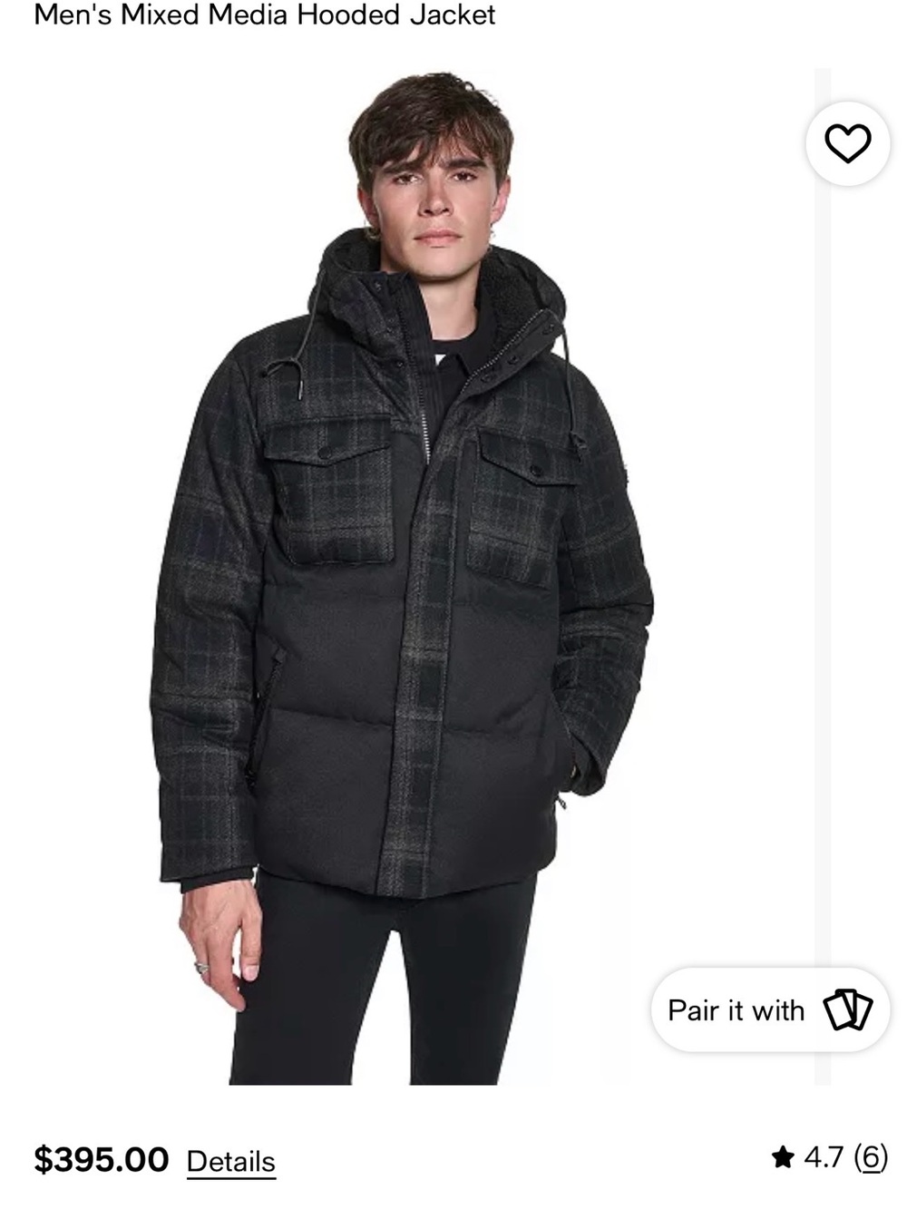KARL LAGERFELD PARIS Men’s Plaid Mixed Media Puffer Jacket Black Gray XL NWT